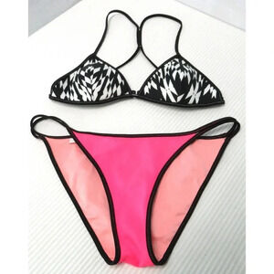 Victoria's Secret Swim Racerback Bikini Top and Strapy Bottoms Black White Pink